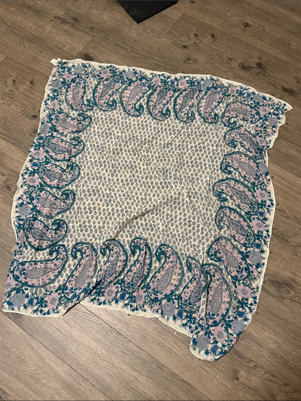 Lucky Brand Cream Paisley Border Scarf with Teal and Pink Accents